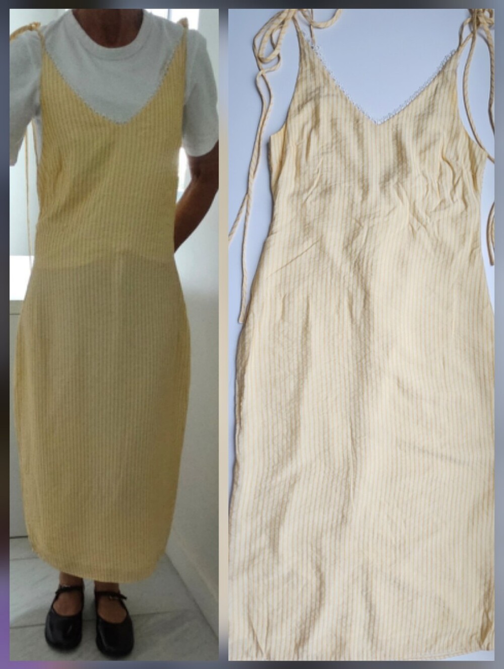 LPA Emboidered Edge Lemon Manderine Stripe Tie Shoulders Back Midaxi Dress